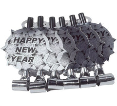 Confezione da 6 soffiatori d'argento 'Happy New Year' per Capodanno