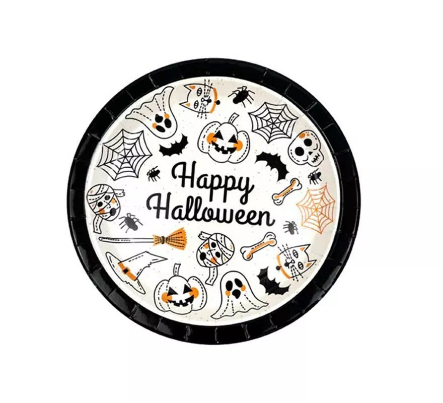 Translation missing: it.Pack de 6 Platos Happy Halloween Print blanco y negro de 18 cm