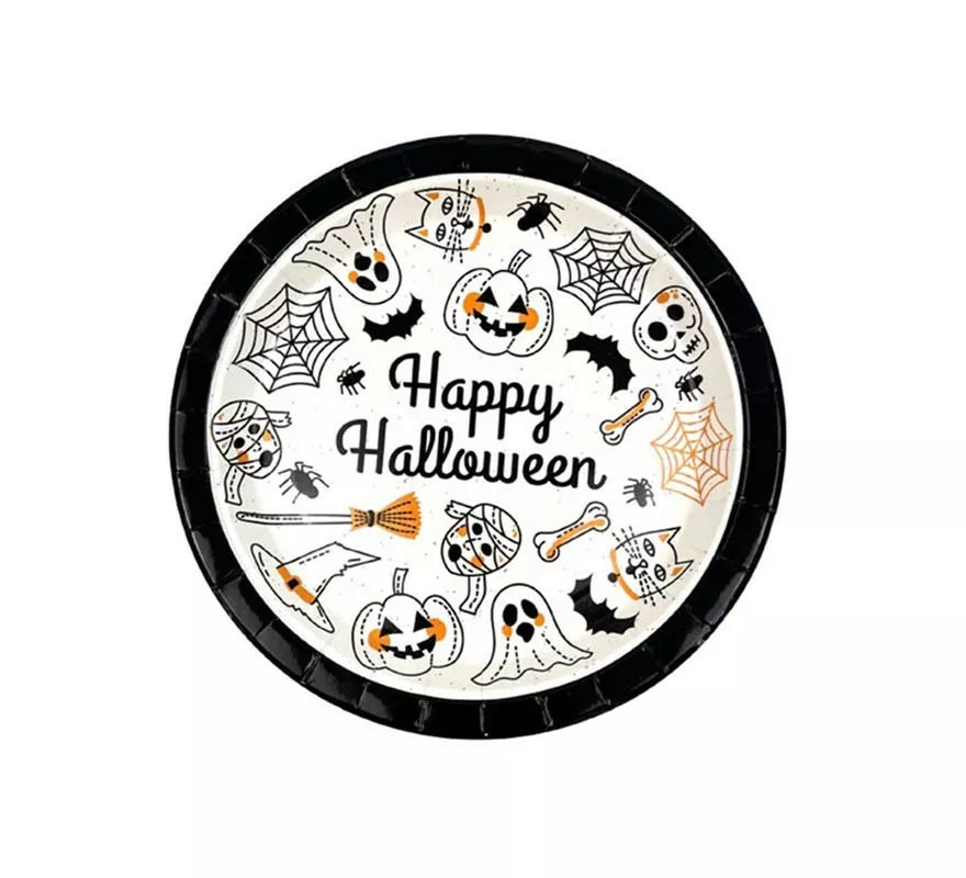 Translation missing: it.Pack de 6 Platos Happy Halloween Print blanco y negro de 23 cm
