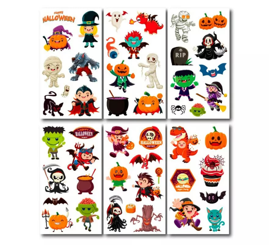 Translation missing: it.Pack de 6 Tatuajes Halloween caricaturas en modelos surtidos de 6,8 cm