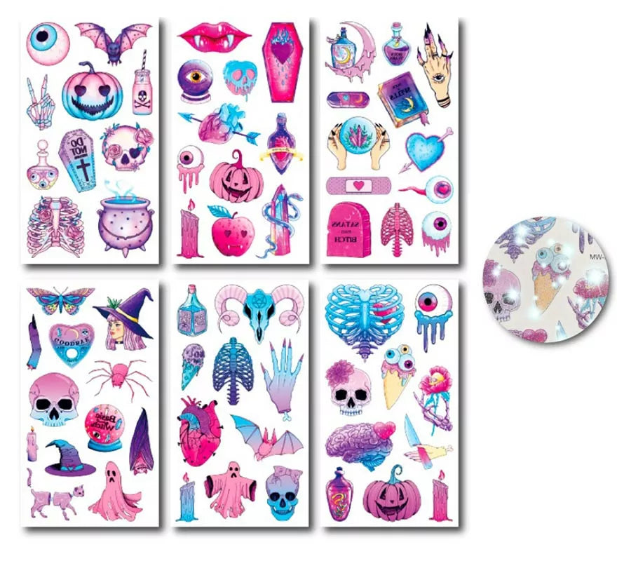 Translation missing: it.Pack de 6 Tatuajes Halloween rosa glitter en modelos surtidos de 6,8 cm