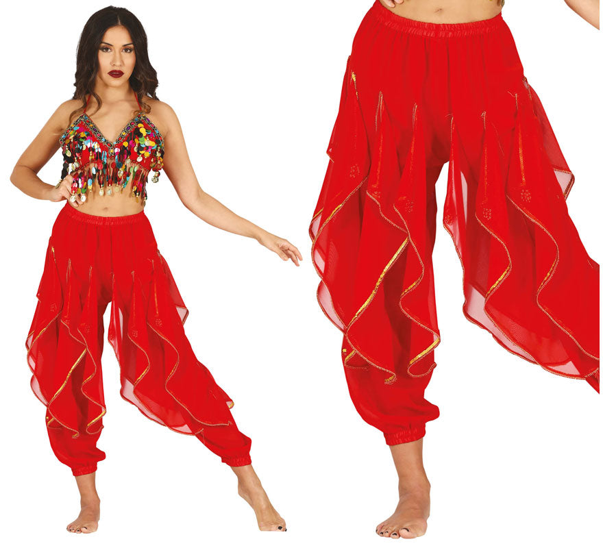 Pantalones Danza del Vientre Rojo con Flecos Dorados