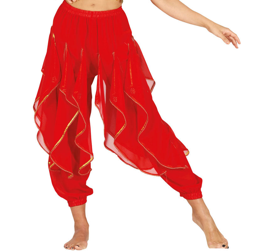 Pantalones Danza del Vientre Rojo con Flecos Dorados