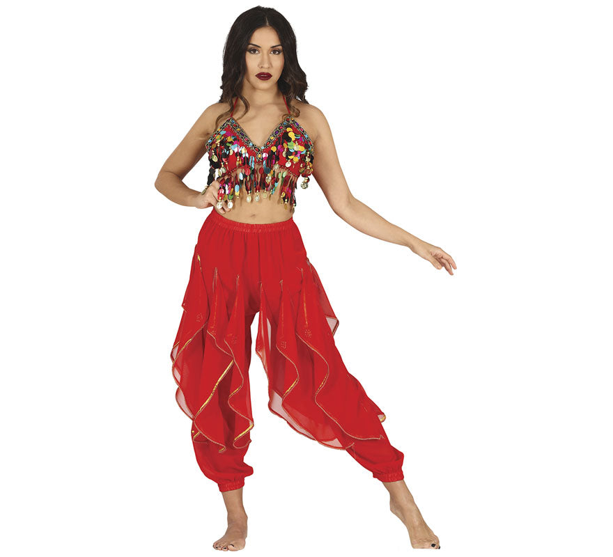 Pantalones Danza del Vientre Rojo con Flecos Dorados