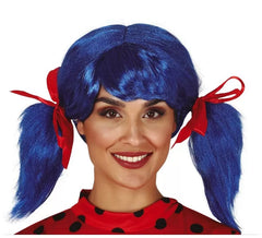 Parrucca blu con trecce e fiocco