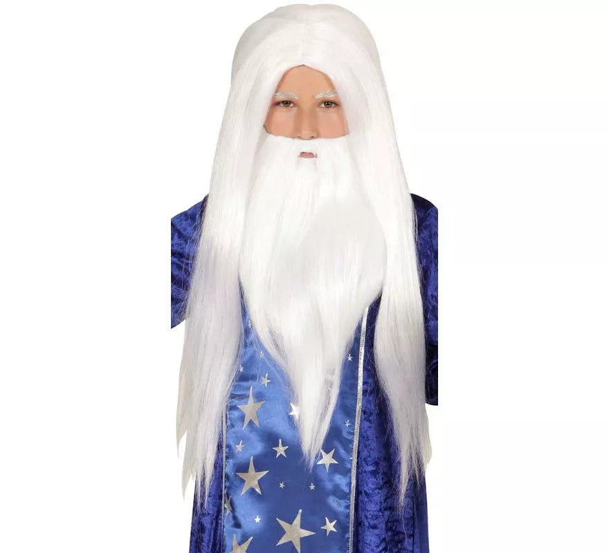 Peluca con Barba blanca infantil de Mago o Druida