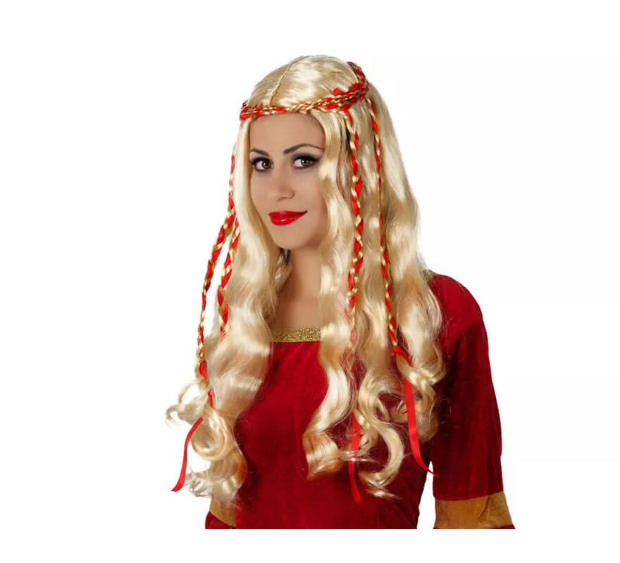 Translation missing: es.Peluca de Dama Medieval rubia con lazo rojo