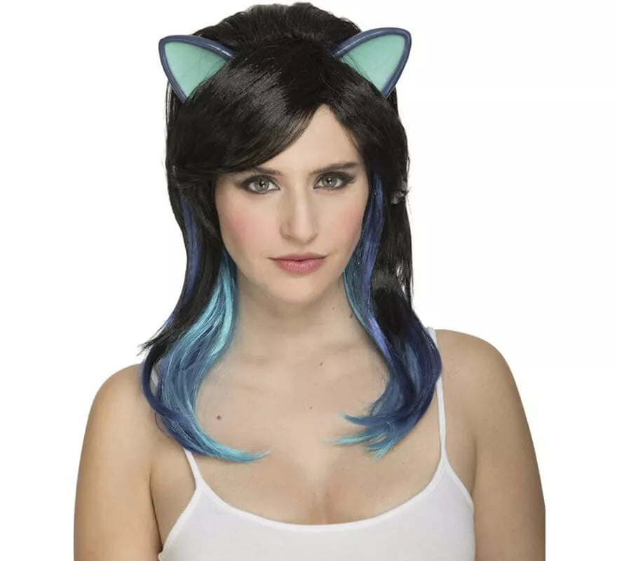Translation missing: es.Peluca de Gatita Negra con Orejas y Mechas Azules