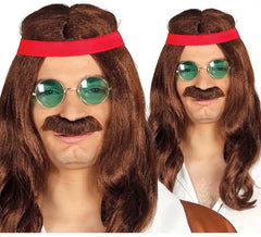 Parrucca hippie con nastro e baffi