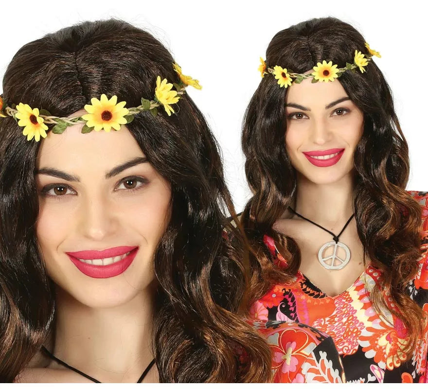 Translation missing: es.Peluca de Hippie Negra con Flores
