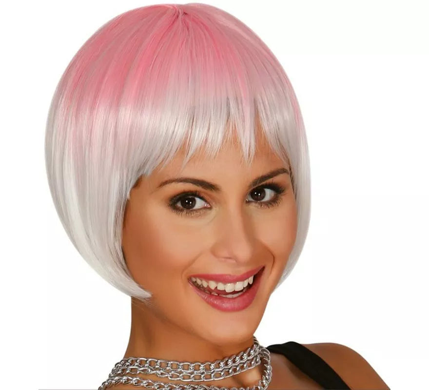 Peluca de media melena rosa y blanca