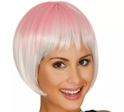 Peluca de media melena rosa y blanca