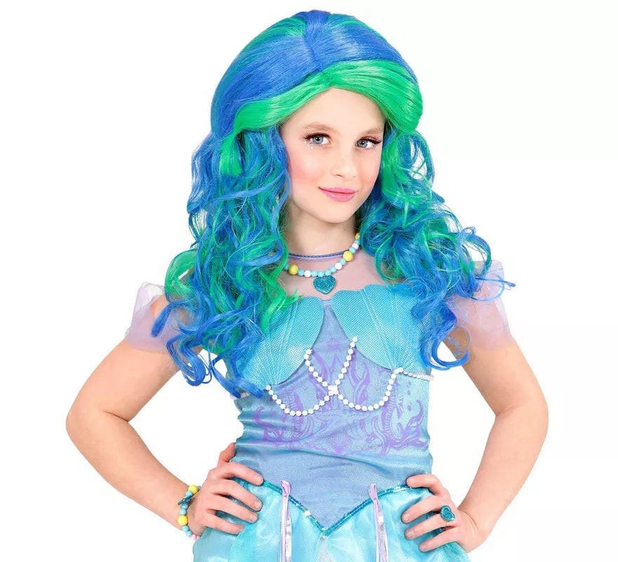 Translation missing: it.Peluca de Sirena Turquesa Esmeralda Larga Infantil