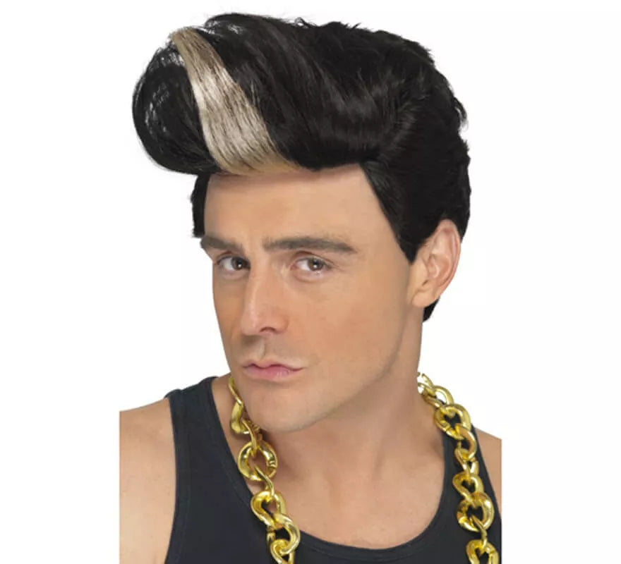 Translation missing: es.Peluca Rap Star de 1990 con tupé y con mecha rubia