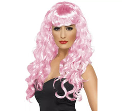 Parrucca riccia rosa con frangia
