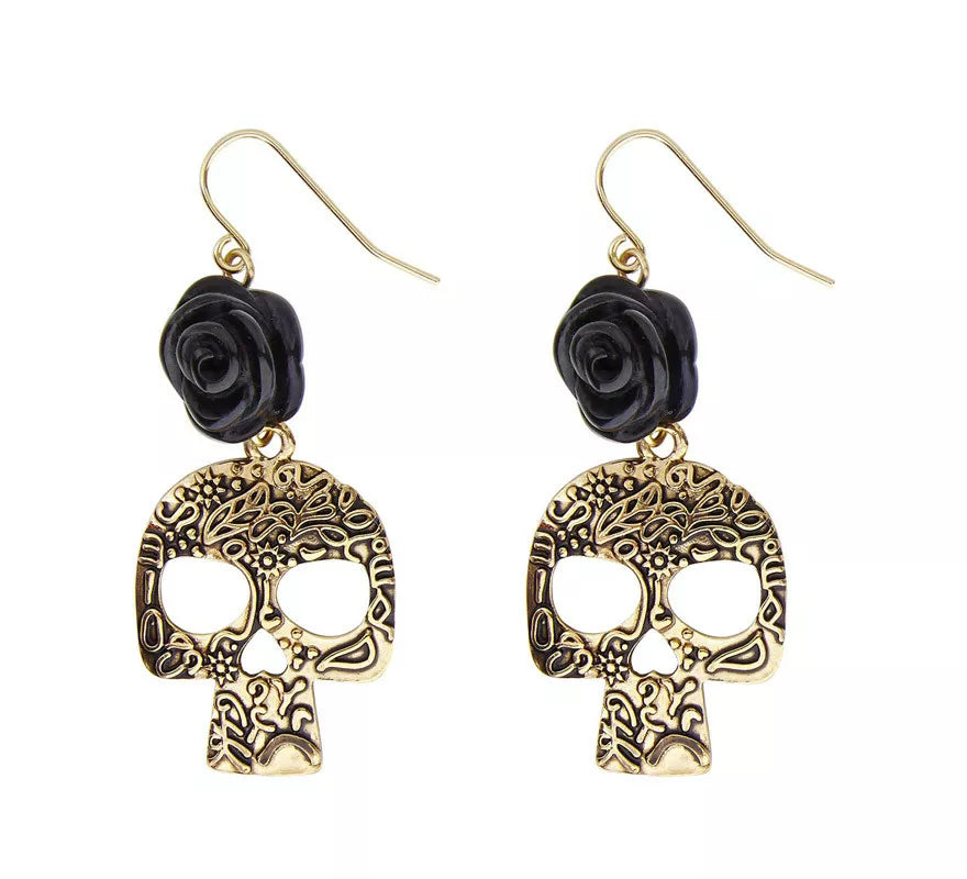 Translation missing: it.Pendientes de Calavera Dorada con Rosa Negra