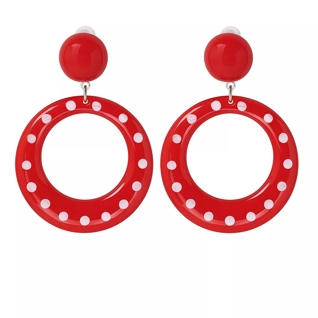 Translation missing: it.Pendientes de Sevillana pequeños rojos con topos blancos de 6 cm