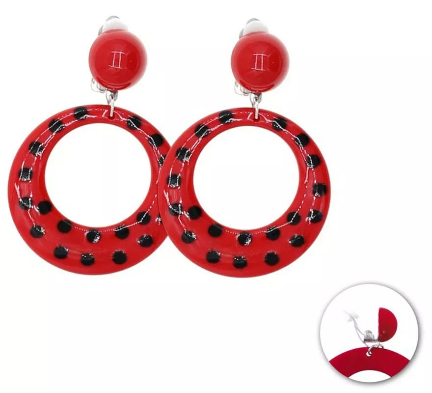 Pendientes de Sevillana pequeños rojos con topos negros de 6 cm