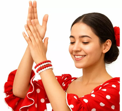Pulsera de 4 Filas roja y blanca de Sevillana o Flamenca