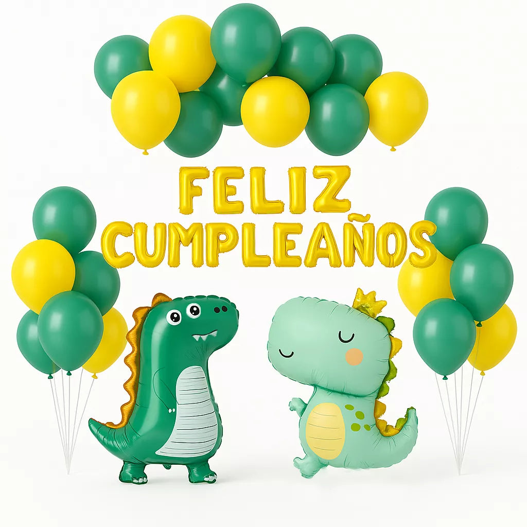 Translation missing: it.Set 26 pc Globos Dinosaurios con Guirnalda de Feliz Cumpleaños