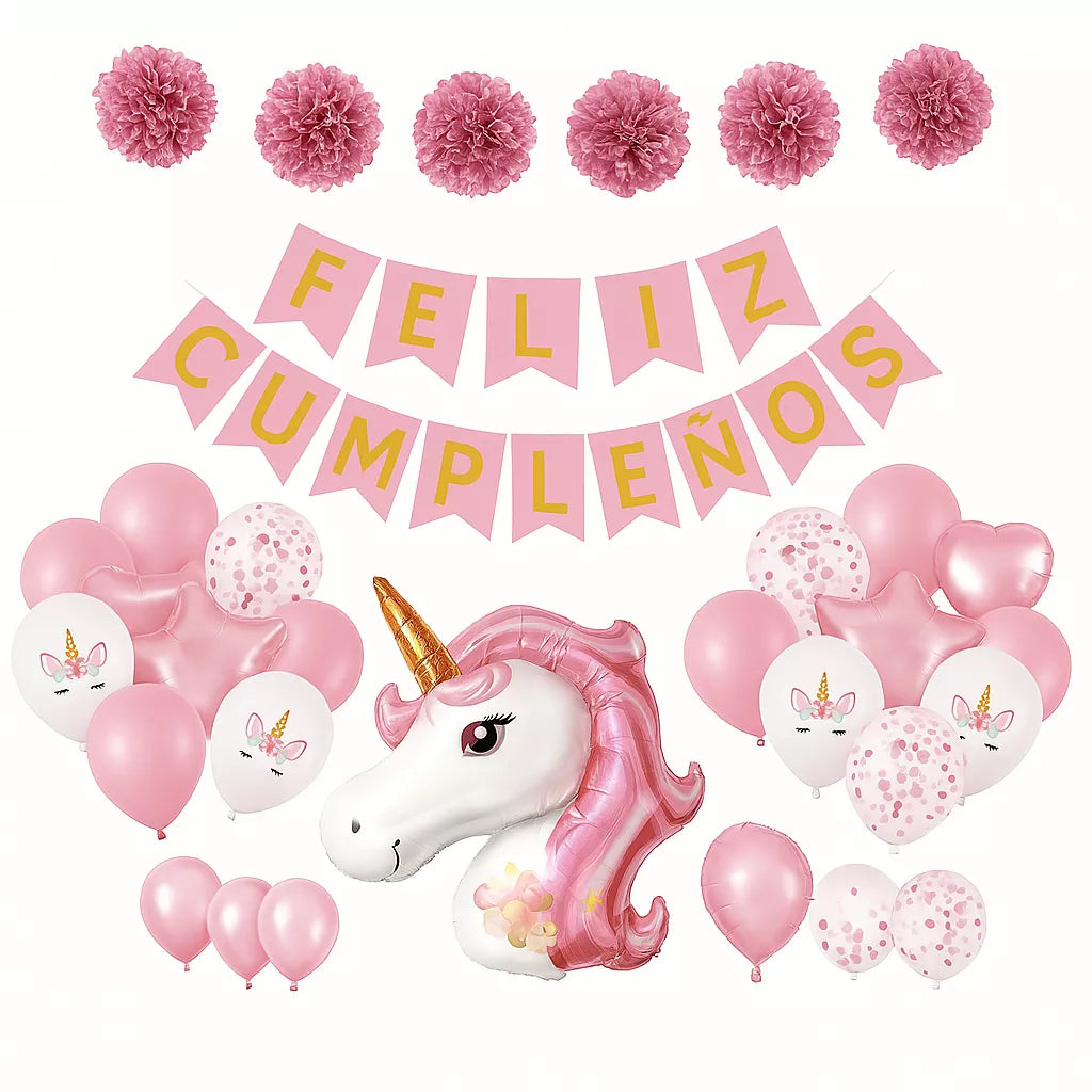 Translation missing: it.Set 26 pc Globos Unicornios con Guirnalda de Feliz Cumpleaños