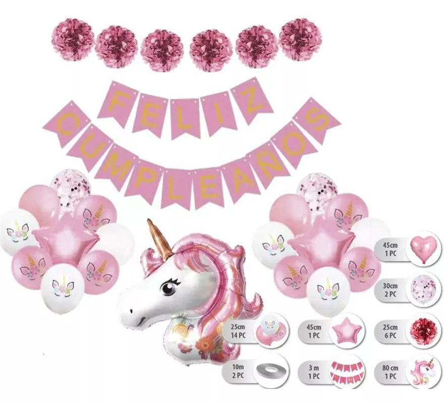 Translation missing: it.Set 26 pc Globos Unicornios con Guirnalda de Feliz Cumpleaños
