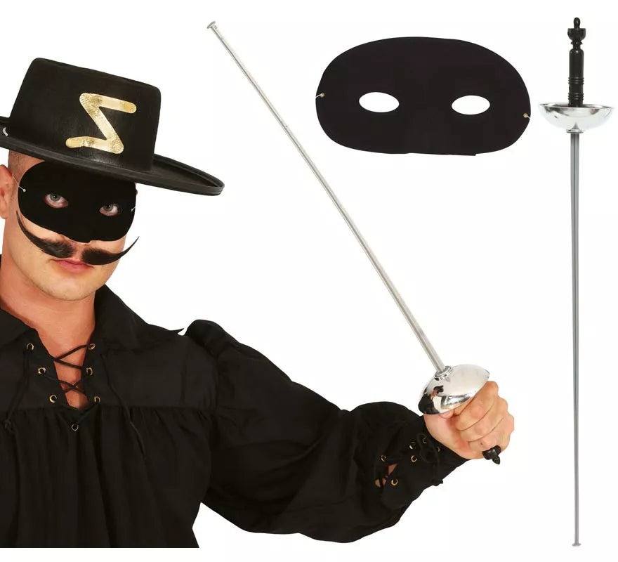 Translation missing: it.Set antifaz y florete de 65 cm. plateado de héroe enmascarado