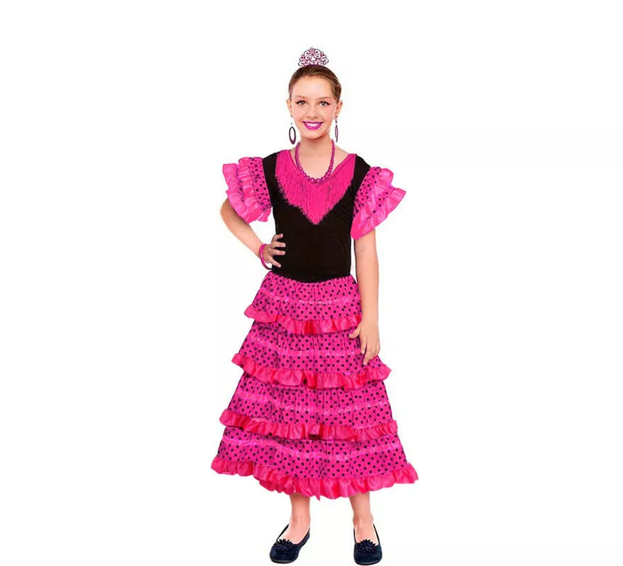 Translation missing: it.Sevillana Clásico fucsia con lunares negros para niña