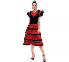 Costume da Sevillana rosso con bordo nero per donna
