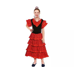Costume vestito Sevillana rosso con pois neri per ragazza