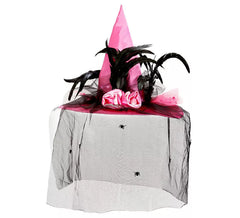 Cappello da Strega con Velo in Raso, Ragni e Piume Rosa, circonferenza 59 cm