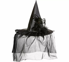 Cappello da strega con tulle, piume e ragno