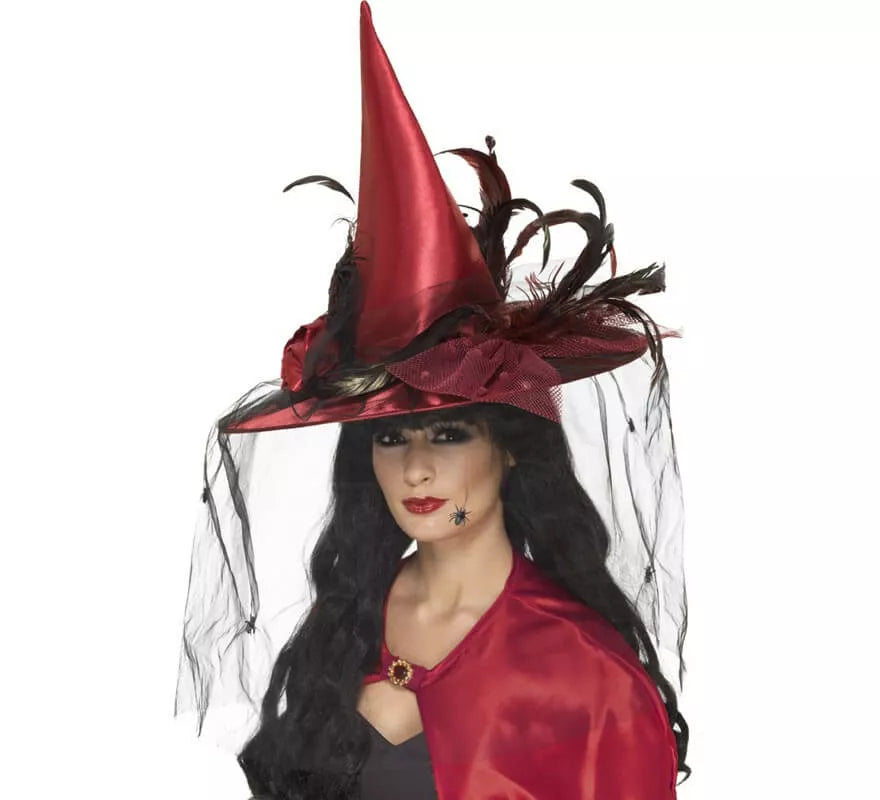 Translation missing: it.Sombrero de Bruja Rojo con plumas y velo