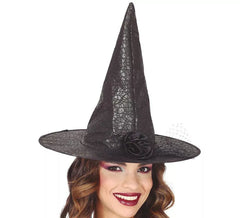 Sombrero de Bruja Símil de Piel con Flor