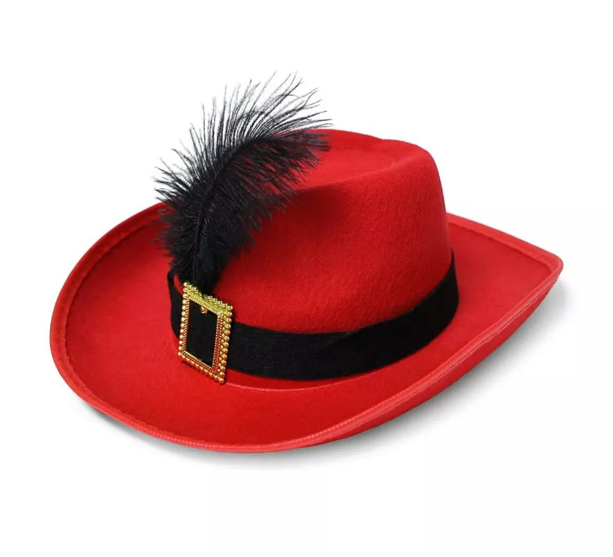 Translation missing: es.Sombrero de Mosquetero rojo con pluma infantil
