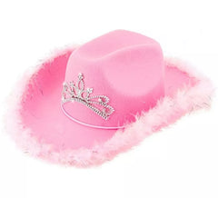 Cappello da cowgirl con tiara e rifiniture in piume in vari colori
