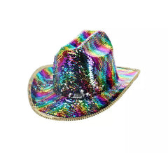 Cappello da cowboy con paillettes multicolore arcobaleno deluxe per adulto