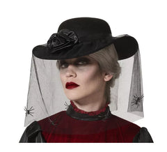 Sombrero Negro con Velo y Rosa