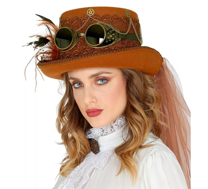 Translation missing: es.Sombrero Steampunk Top de Fieltro con Velo
