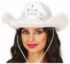Cappello da cowboy per adulti con boa in feltro bianco