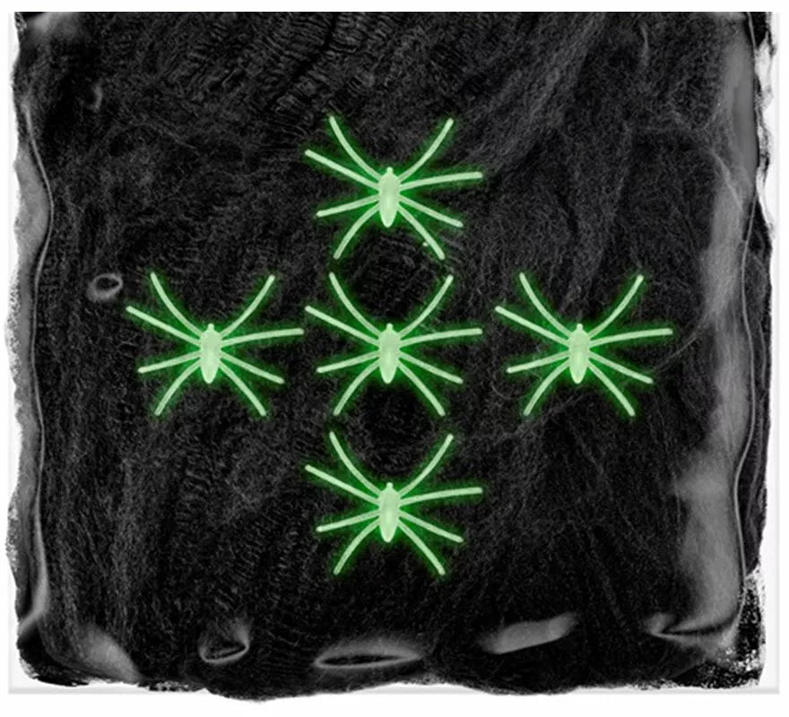 Telaraña negra de 100 g con 5 Arañas Fluorescentes