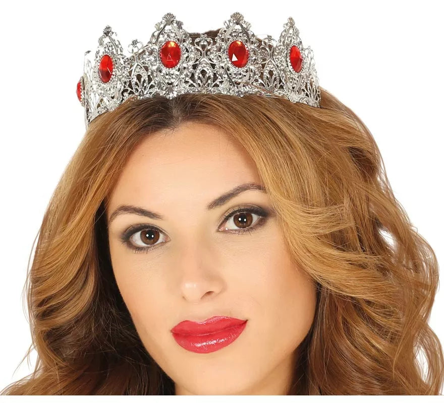 Tiara Plateada con Piedras Rojas de Reina