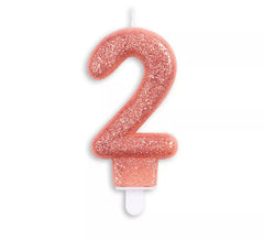 Candela di compleanno con glitter numero 2 in oro rosa