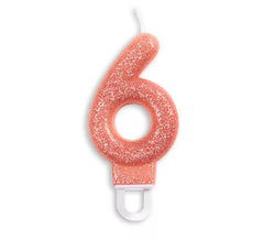 Candela di compleanno con glitter numero 6 in oro rosa
