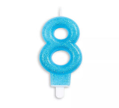 Candela di compleanno con glitter numero 8 blu