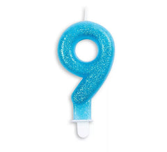 Candela di compleanno con glitter blu numero 9
