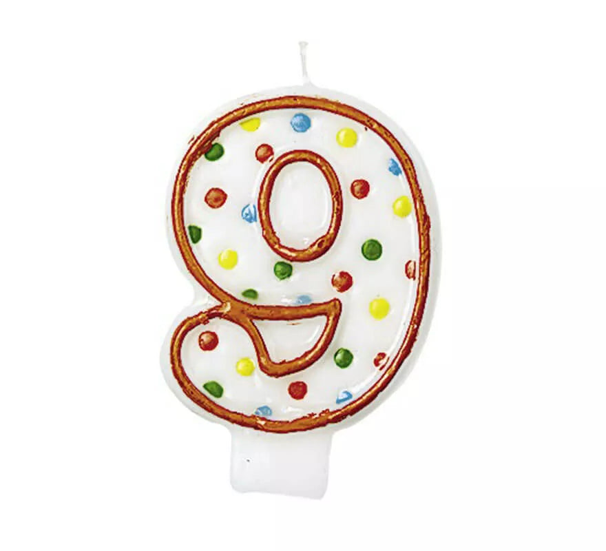 Translation missing: it.Vela Puntitos de colores con el número 9 para cumpleaños