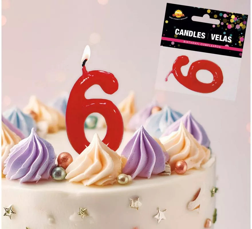 Translation missing: it.Vela roja con el número 6 para cumpleaños