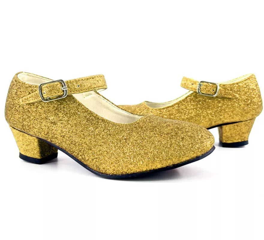 Zapato Sevillana con tacón Dorado Purpurina en números del 22 al 41