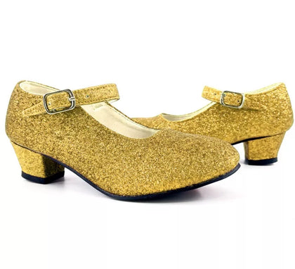Zapato Sevillana con tacón Dorado Purpurina en números del 22 al 41